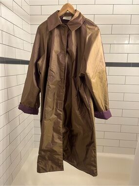 Echo Iridescent Brown Trench Coat with Purple Cuff Accents